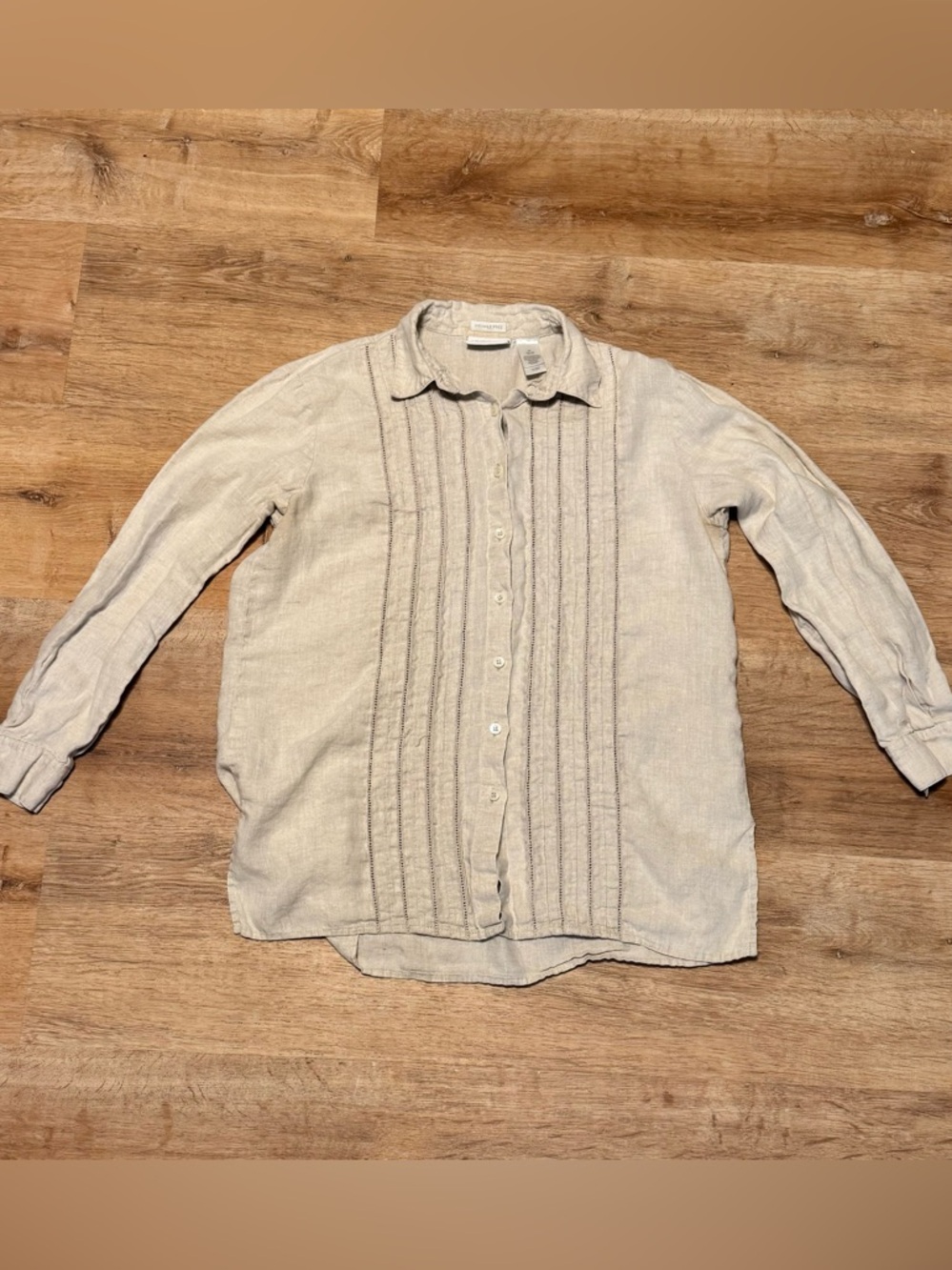 Liz Claiborne 100% Linen Pleated Button Down Shirt Beige Ivory Coastal M